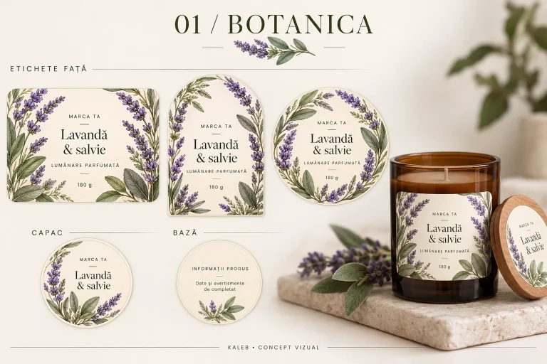 Lumânare parfumată cu eticheta Botanica, ilustrată cu lavandă, lângă etichetele de față, capac și bază.