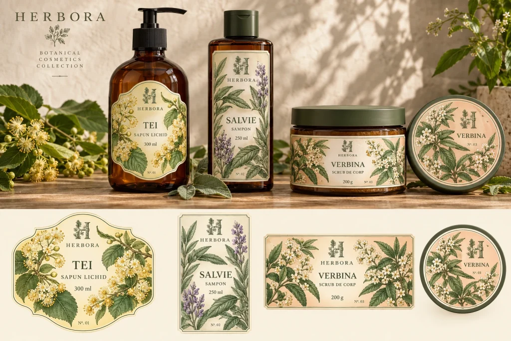 Flacoane și borcane cosmetice cu etichetele botanice Herbora, ilustrate cu tei, salvie și verbină.