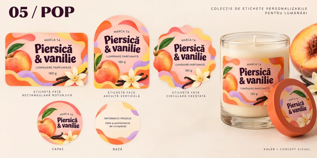 Lumânare cu eticheta colorată Pop, ilustrată cu piersici și vanilie.