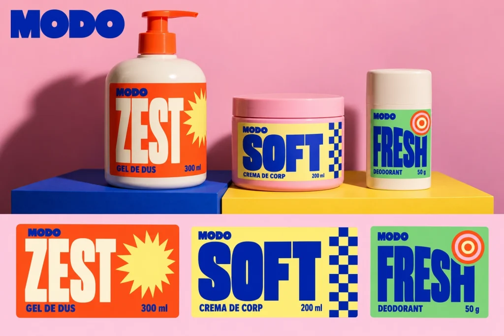 Gel de duș, cremă de corp și deodorant cu etichetele colorate Modo: Zest, Soft și Fresh.