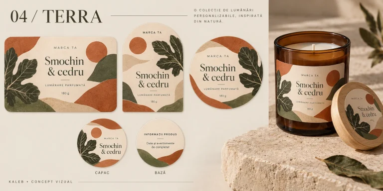 Lumânare în borcan maro cu eticheta Terra, cu forme organice și frunze de smochin.