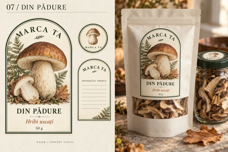 Pungă și borcan de hribi uscați cu eticheta arcuită Din pădure, ilustrată cu un hrib.