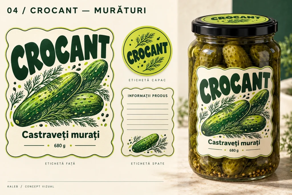 Borcan de castraveți murați cu eticheta verde Crocant, lângă etichetele pe coală.