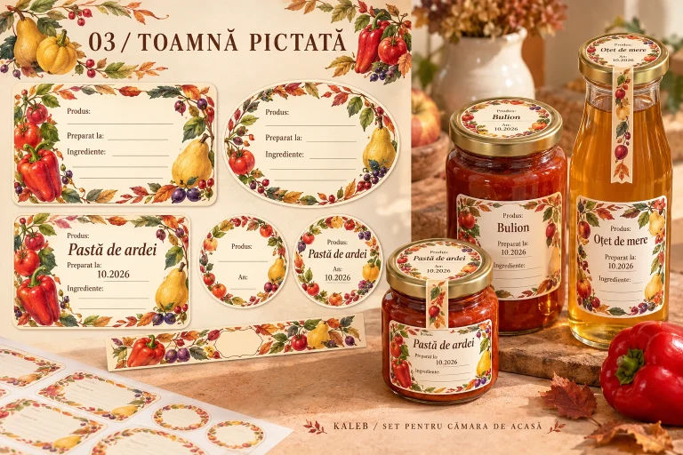 Borcane și sticle cu etichete cu chenar pictat de toamnă: pastă de ardei, bulion, oțet de mere.