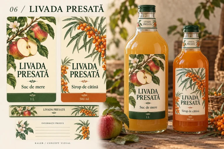 Două sticle, de suc de mere și de sirop de cătină, cu etichetele Livada presată.