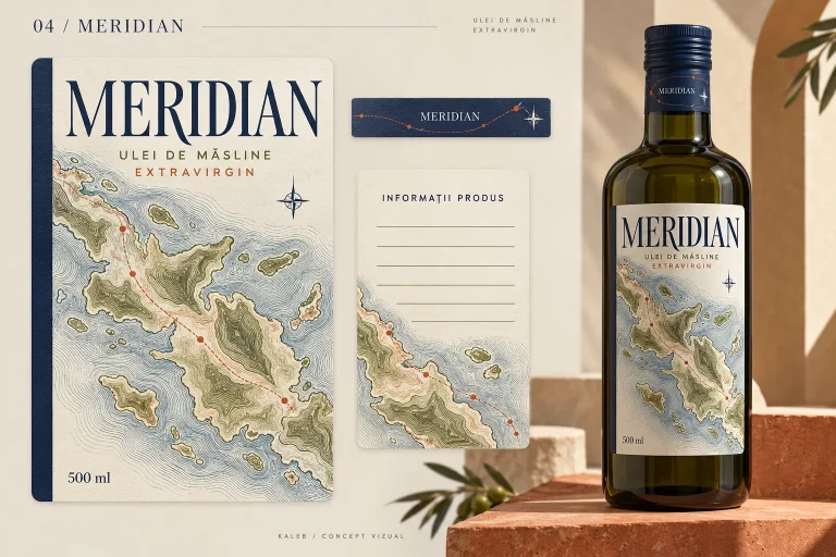 Sticlă de ulei de măsline cu eticheta Meridian, ilustrată cu o hartă a coastei.
