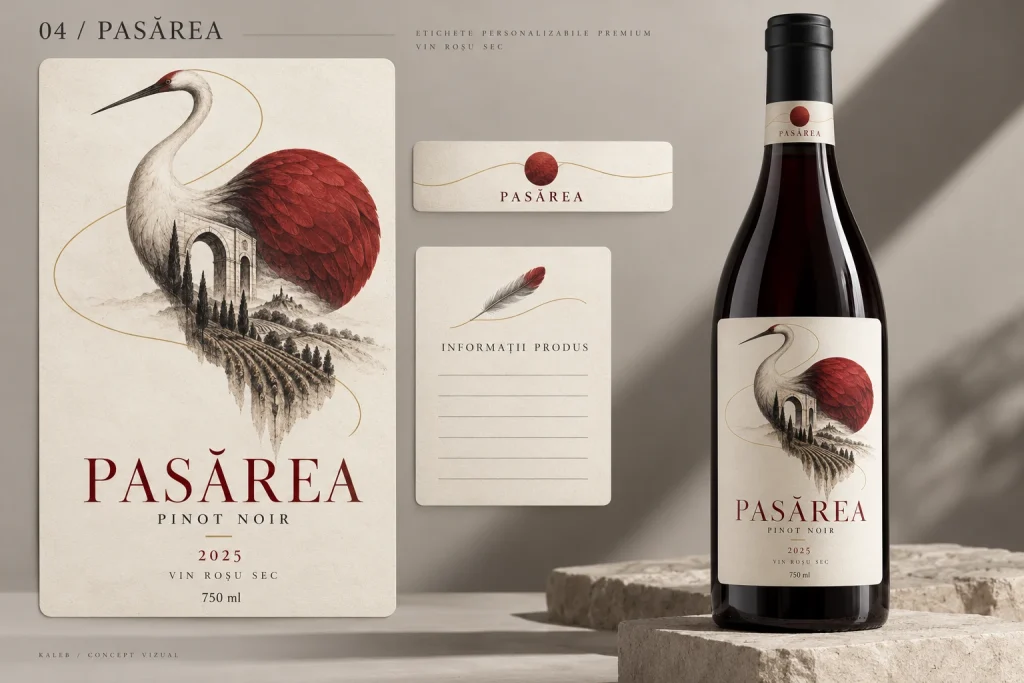 O sticlă de vin roșu cu eticheta Pasărea, ilustrată cu o pasăre albă și o lună roșie, lângă etichetele pe coală.