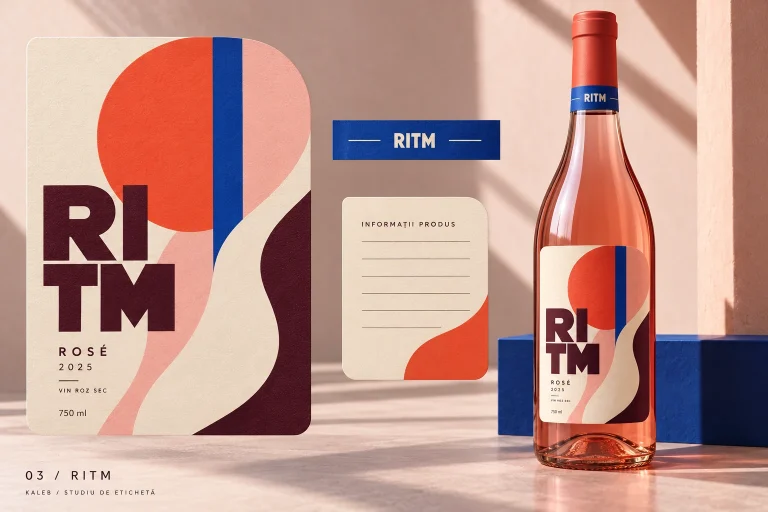 Sticlă de vin rosé cu eticheta grafică Ritm, în roșu, albastru și roz.