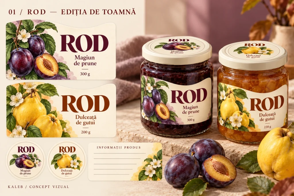Borcane de magiun de prune și dulceață de gutui cu etichetele Rod, lângă prune și gutui.