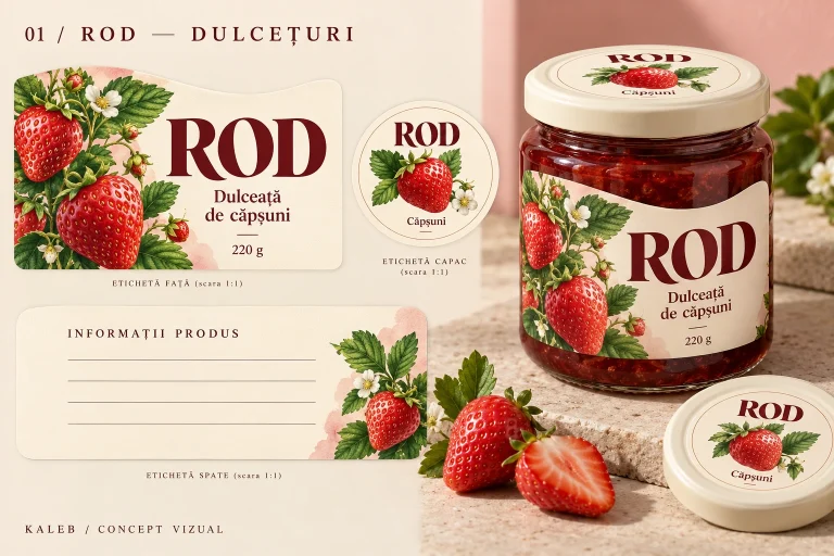 Borcan de dulceață de căpșuni cu eticheta Rod, ilustrată cu căpșuni, lângă etichetele pe coală.