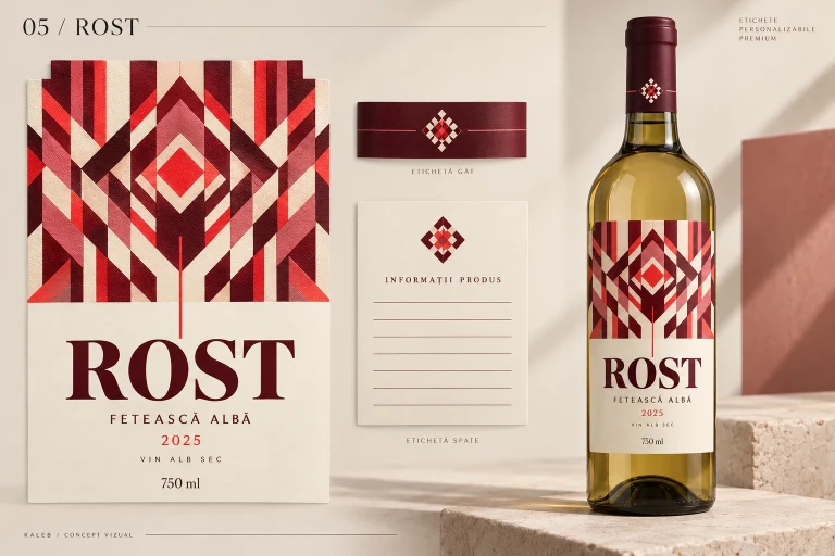O sticlă de vin alb cu eticheta Rost, cu model geometric roșu, lângă etichetele pe coală.