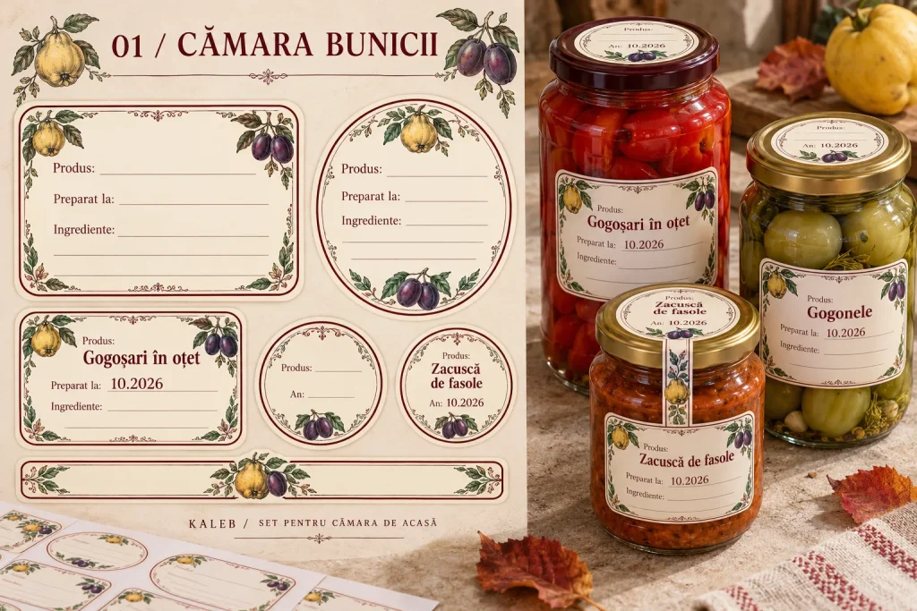 Borcane de conserve de casă cu etichete ilustrate cu fructe, completate de mână.