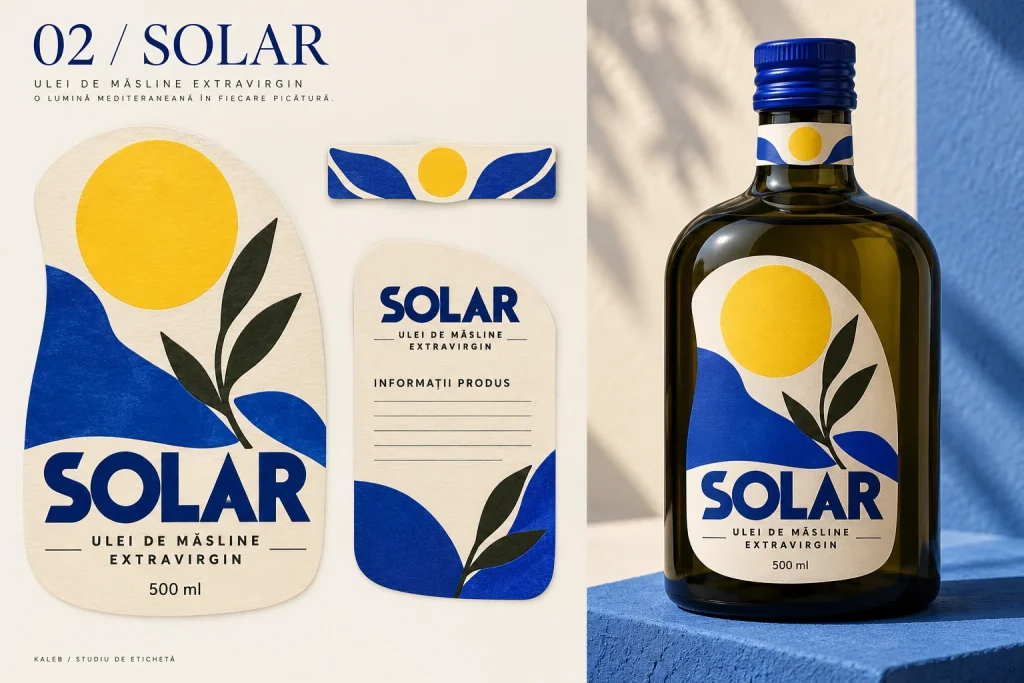Sticlă de ulei de măsline cu eticheta decupată Solar, cu un soare galben pe albastru.