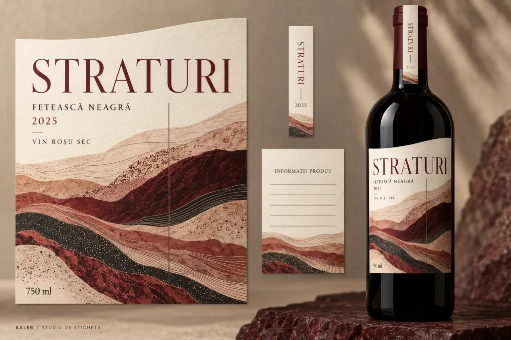 Sticlă de vin roșu cu eticheta Straturi, cu benzi ondulate în roșu și maro.