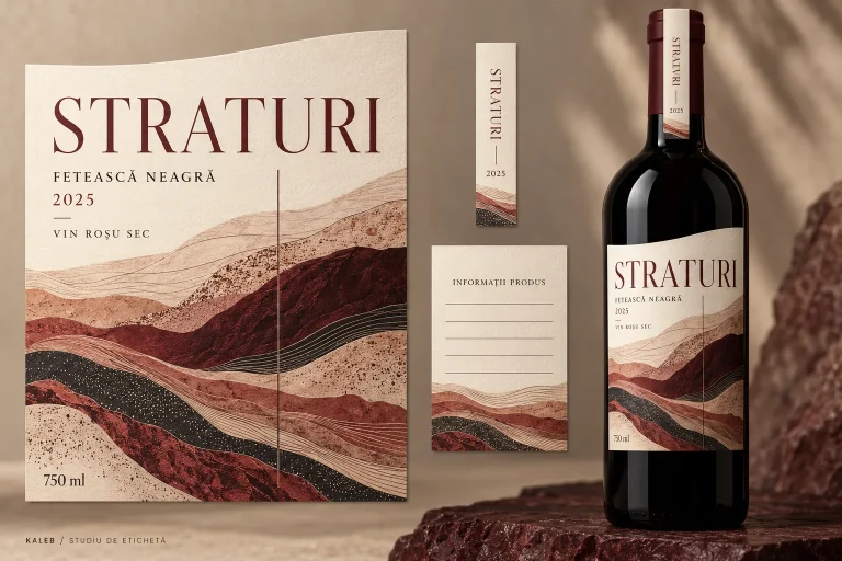 Sticlă de vin roșu cu eticheta Straturi, cu benzi ondulate în roșu și maro.