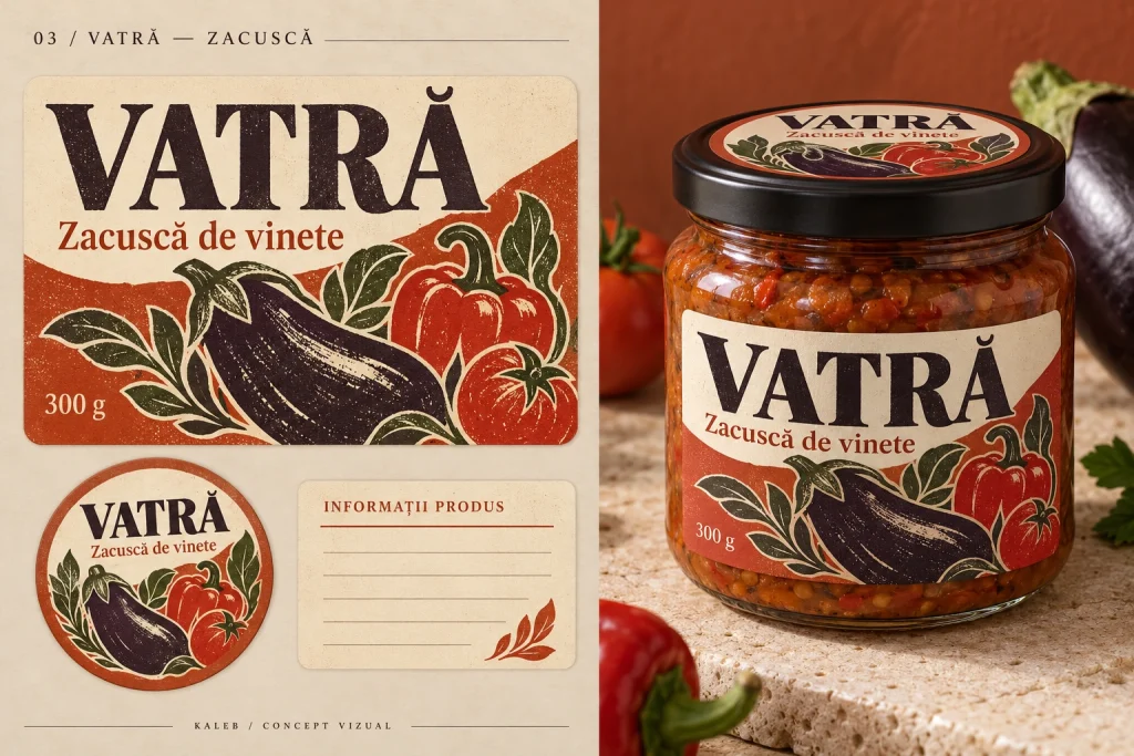 Borcan de zacuscă cu eticheta Vatră, ilustrată cu vinete și ardei, lângă etichetele pe coală.