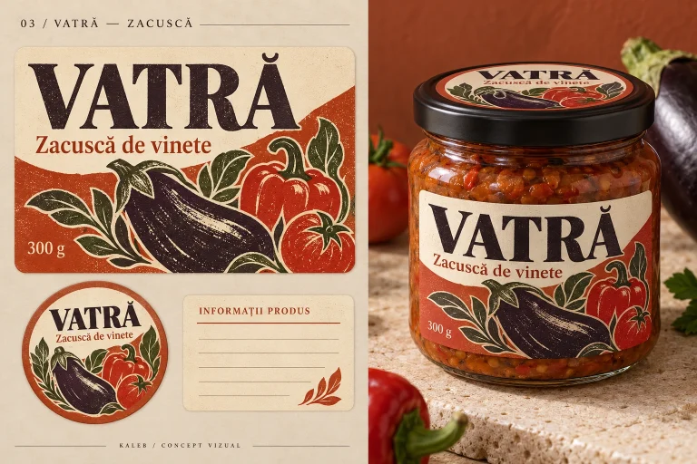 Borcan de zacuscă cu eticheta Vatră, ilustrată cu vinete și ardei, lângă etichetele pe coală.