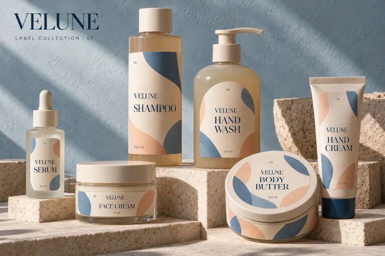 Flacoane și borcane cosmetice cu etichetele Velune, cu forme abstracte în albastru și piersică.