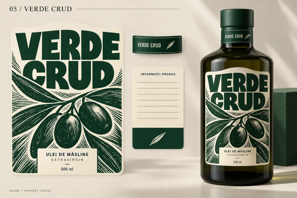 Sticlă de ulei de măsline cu eticheta verde Verde crud, cu măsline gravate.